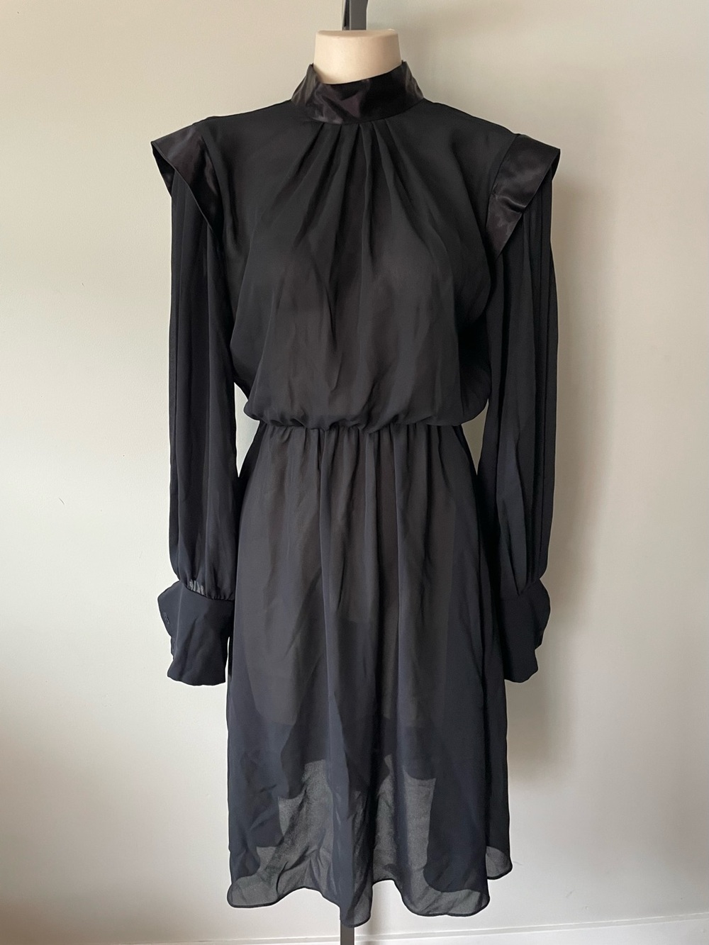 80s Vintage Gothic Sheer Chiffon Midi Dress Satin High Neck Button Down Gotb